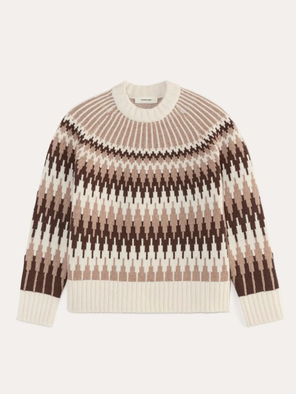 Everlane 100% Wool Fair Isle Crew Neck Sweater Bone/Brown Luxury Warm. ‎  10 - Picture 3 of 12